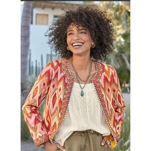 Sundance Amara Jacket Orange Geometric Print, 100% Cotton, Embroidered, Size XL